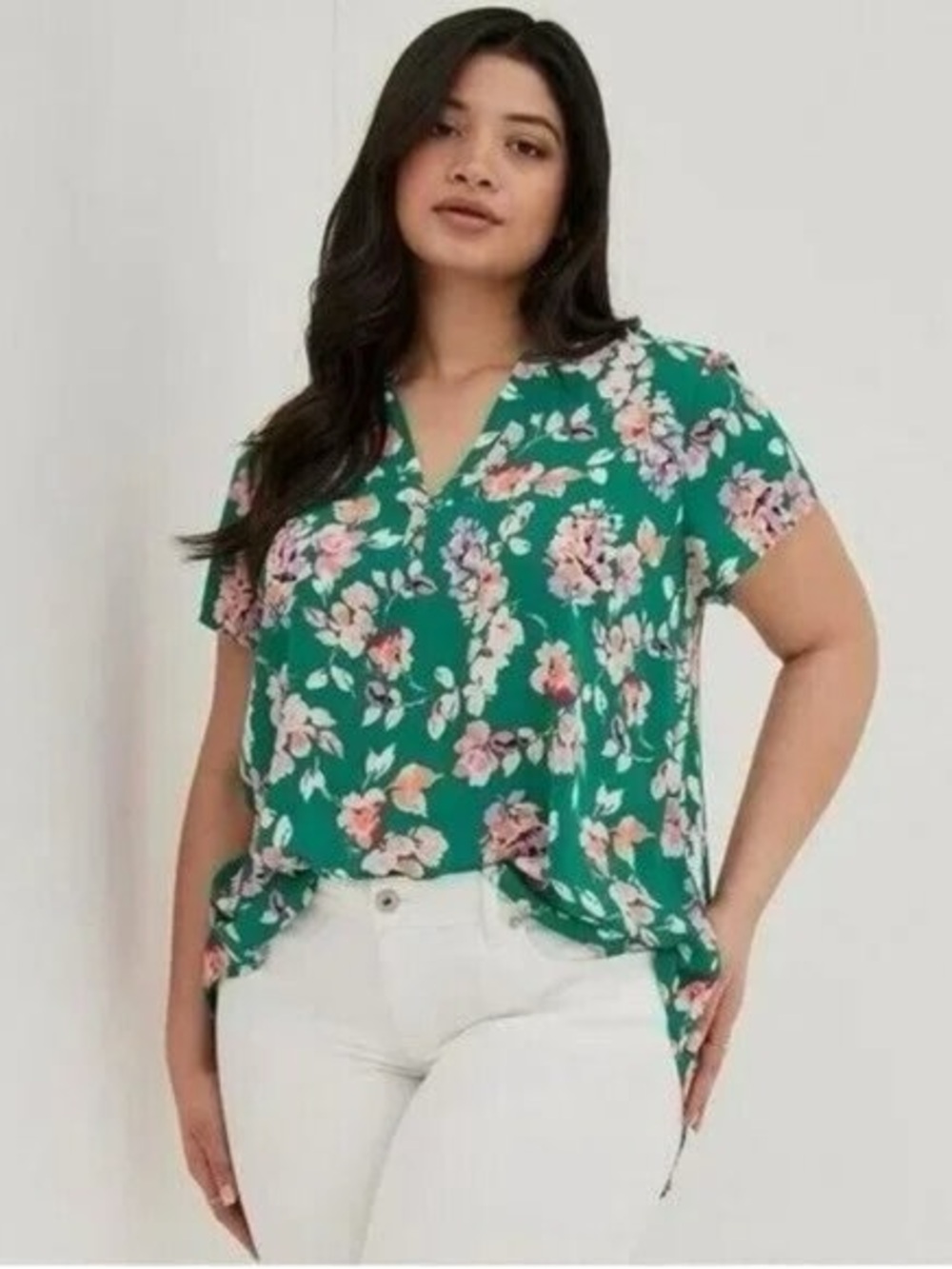 Torrid Green Floral Georgette Hi-Low Short Sleeve Blouse
